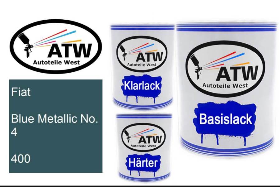 Fiat, Blue Metallic No. 4, 400: 1L Lackdose + 1L Klarlack + 500ml Härter - Set, von ATW Autoteile West.